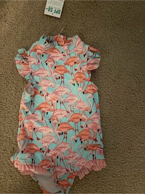 Girls ruffle butts Flamingo Print Ruffle One-Piece Swimsuit - Pink & Aqua